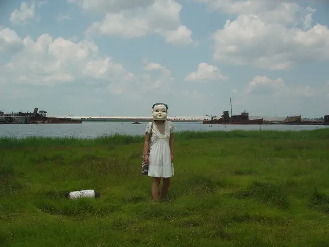 In this picture we can see a woman wearing a board and standing in a grass, behind we can see some...